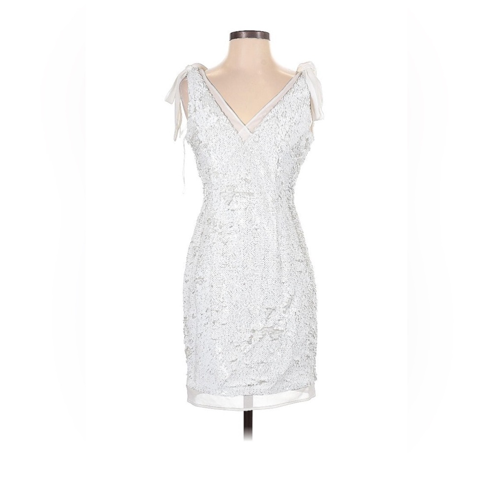NWT Aidan Mattox White Sequin Tie Shoulder Mini Dress